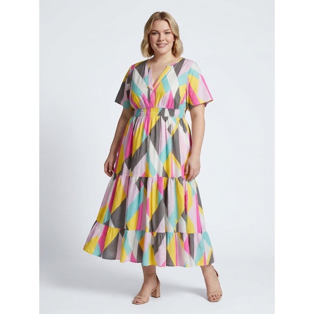 Torrid Abstract Geometric Print Smocked Waist Tiered Maxi Dress Sz 12